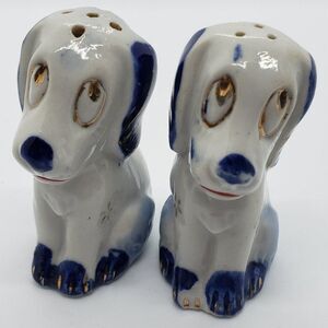 White Blue Gold Sad Eyed Dog Vintage Salt and Pepper Shaker